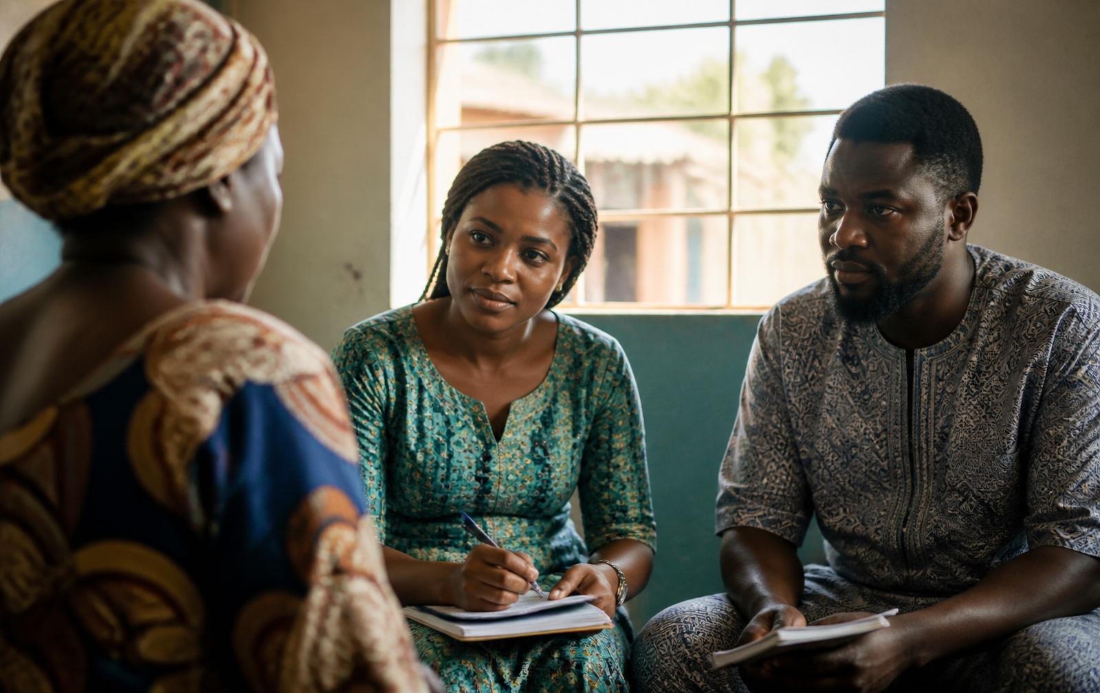 African mental health professionals in conversation with a community member