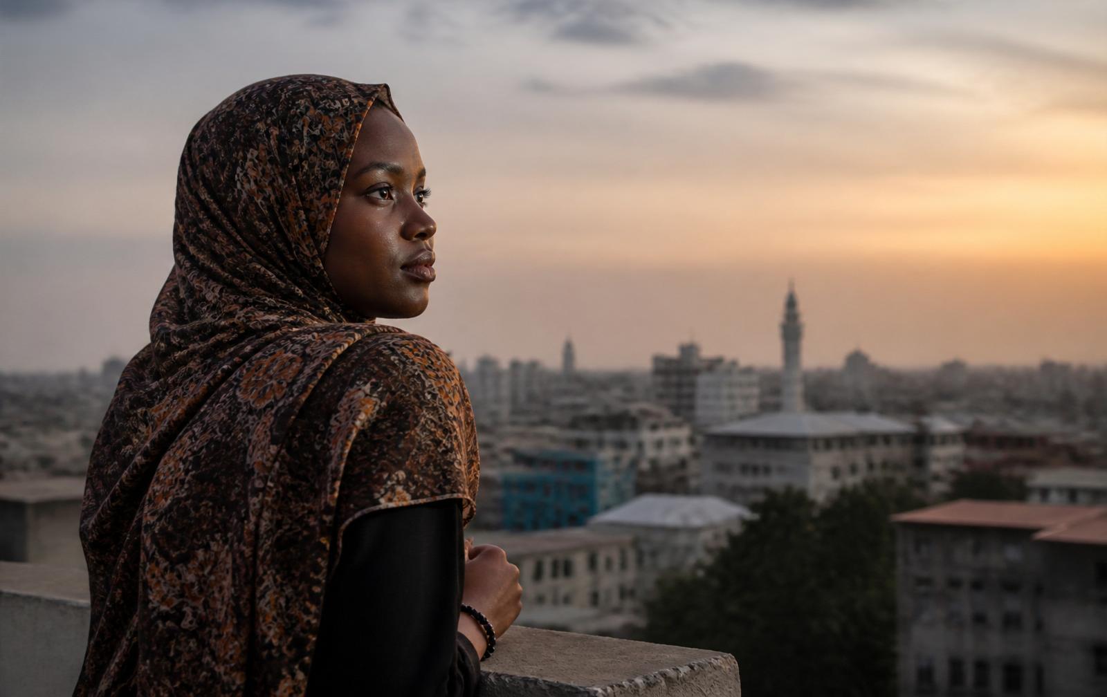 Young African woman looking over a city skyline at sunrise