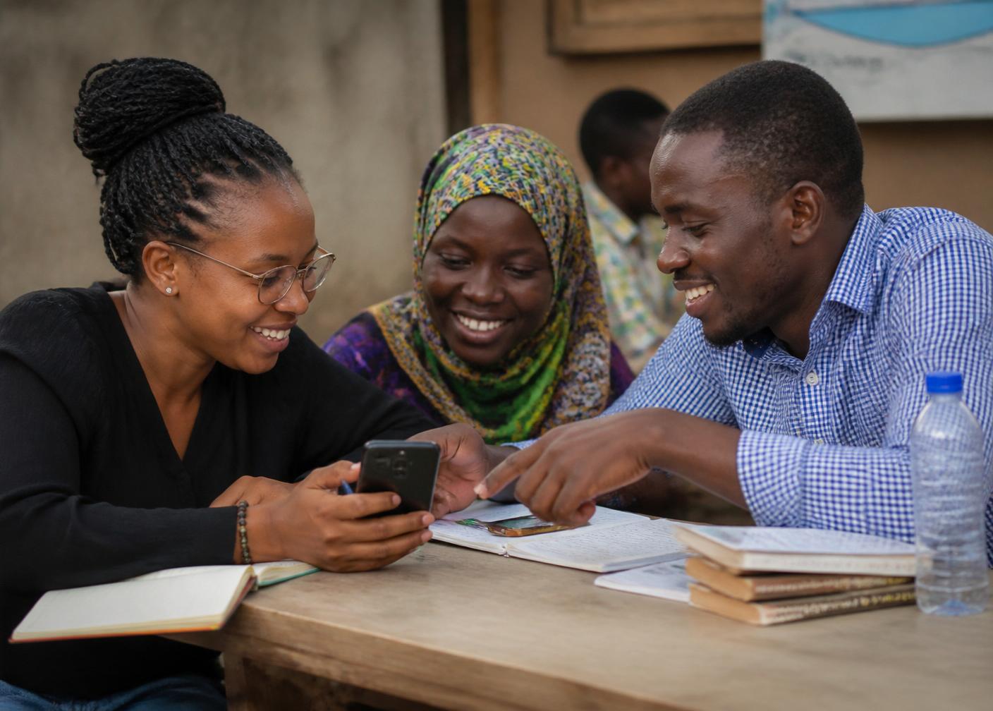 Diverse African people collaborating warmly around a table