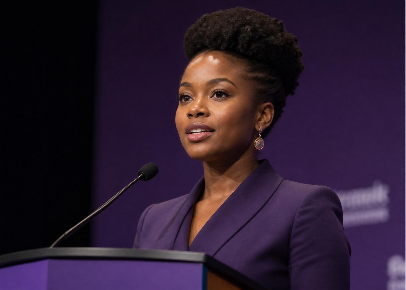 African woman speaking at conference podium