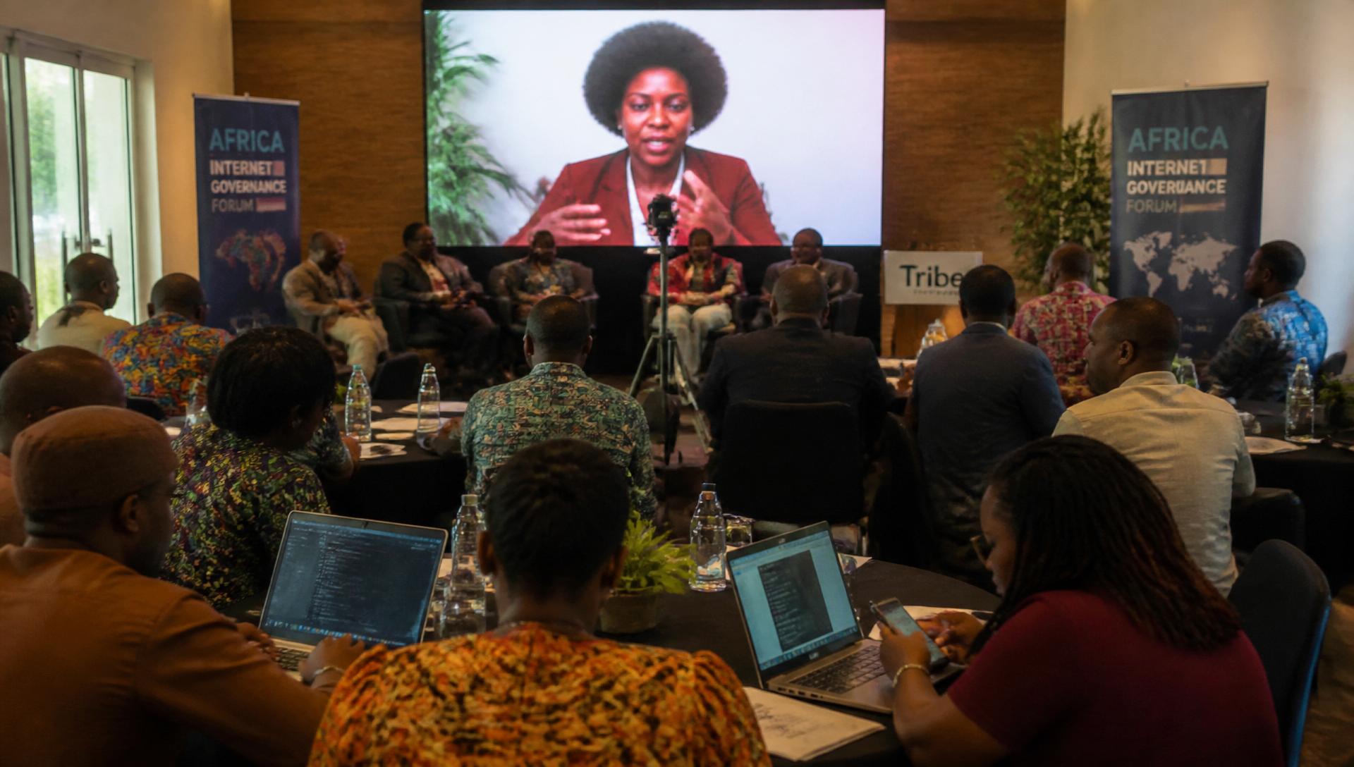 Diverse African audience engaged in a continental forum with a live presentation